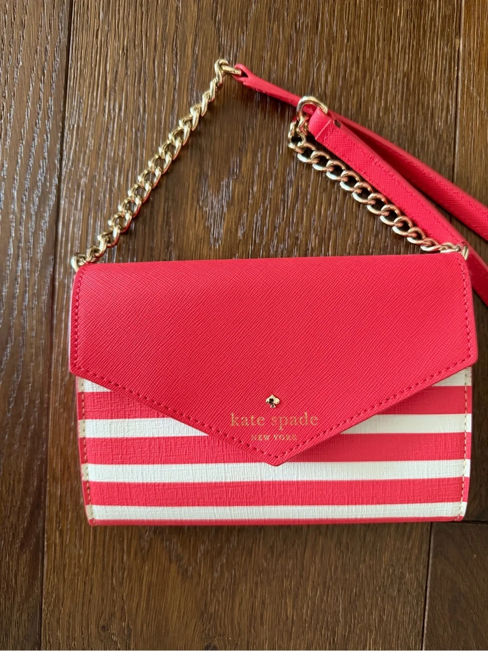 kate spade new york Coral and White Striped Mini Crossbody with Gold Chain